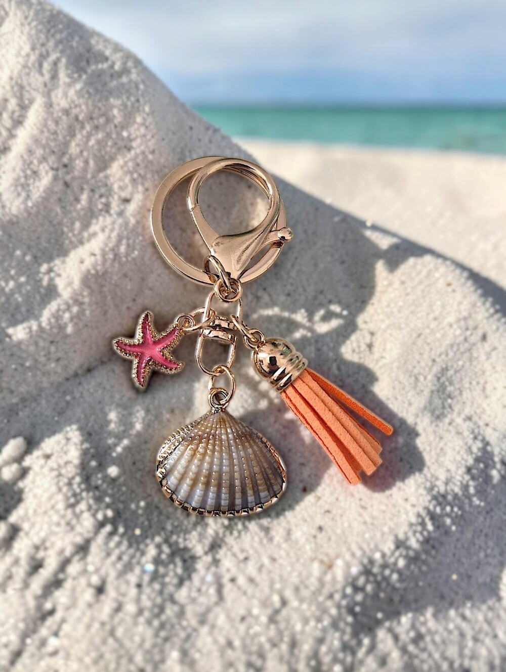 Coastal Bag Charm/ Keychain with Coral Starfish & Orange Tassel